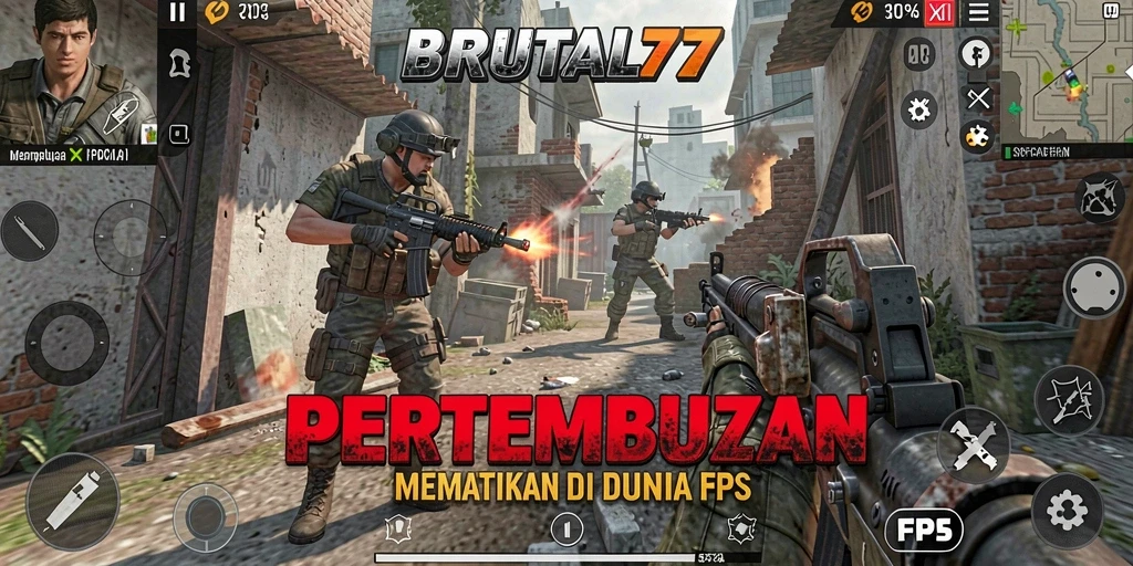 Tampilan gameplay mendebarkan di BRUTAL77 dengan aksi tembak-menembak yang intens.