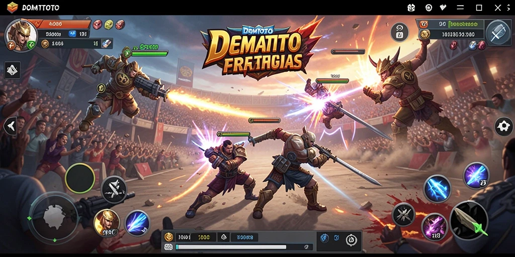 Screenshot utama DOMTOTO menampilkan aksi pertarungan yang mendebarkan.