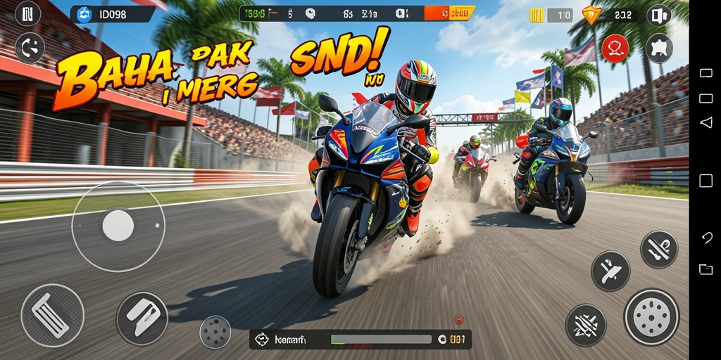 Tampilan gameplay <strong>ID098</strong> yang seru dengan aksi balapan motor yang mendebarkan.