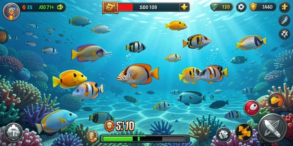Tampilan gameplay seru di SD107, dengan berbagai ikan dan senjata.