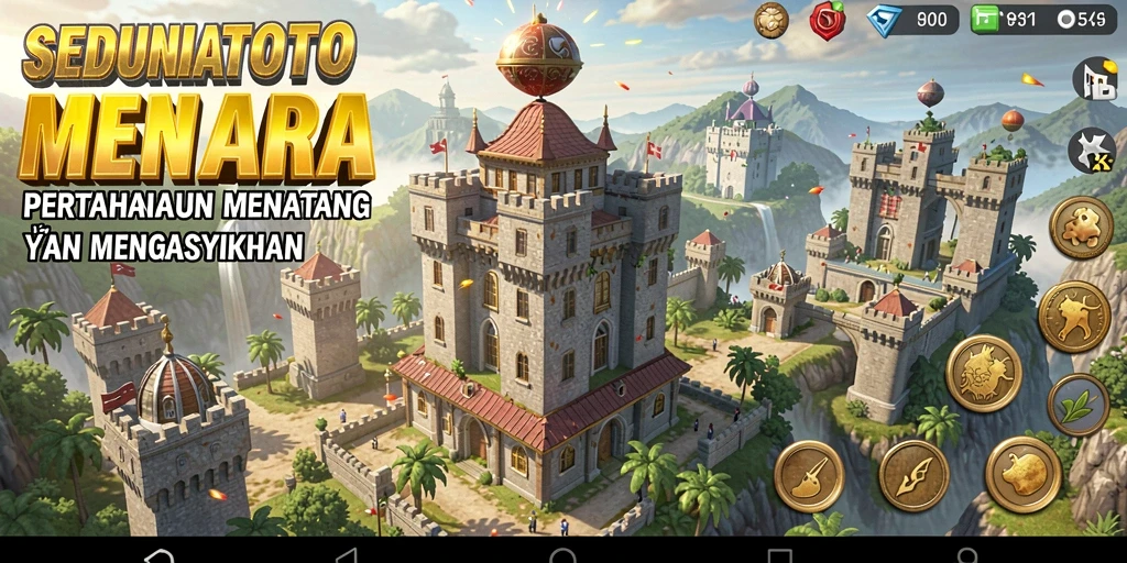 Screenshot gameplay SEDUNIATOTO menampilkan menara yang strategis dan musuh yang menyerang.