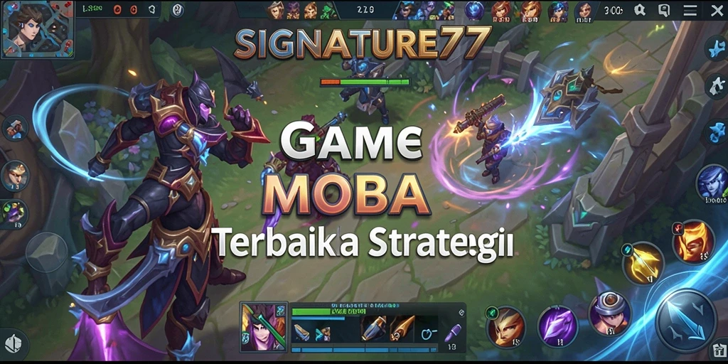 Screenshot gameplay SIGNATURE77 menampilkan aksi MOBA yang intens dan strategis.